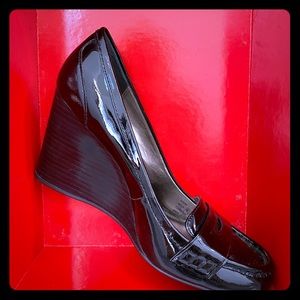 Coach patent leather wedge penny loafers